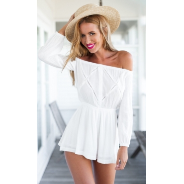 Cheap Sexy Bateau Neck Off The Shoulder Long Sleeves Solid White One-piece Regular Jumpsuit