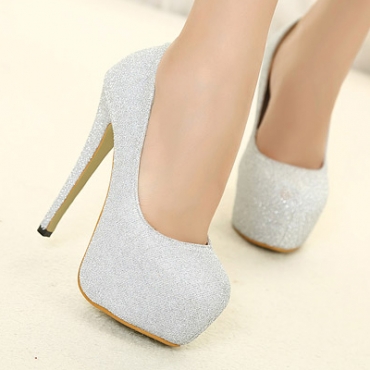 Fashion Round Closed Toe Flattery Stiletto High Heels Sliver Leather Pumps 