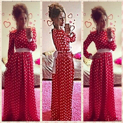 Women's Polka Dot Print Long Sleeve Prom Ball Evening Gown party cocktail Dress