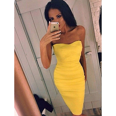 Women Sexy Yellow Strapless Backless Bodycon Night Club Dress Cocktail Dresses