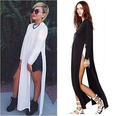 Fashion Women Long Sleeve Two Side High Split Blouse T-Shirt Long Maxi Dress