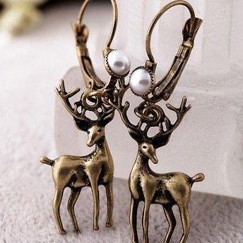 1 Pair Europe Vintage Fashion Deer Antelope Animal Pearl Dangle Earrings Quality