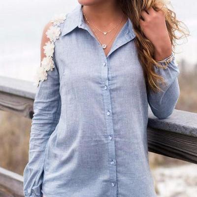 Women's Open Shoulder Long Sleeve Slim Blue Jean Denim Shirt Tops Blouse