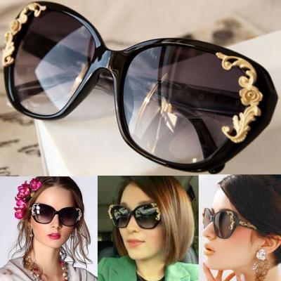 Retro Women Ladies Gold Roses Carving Sunglasses Sun Glasses Plastic Black Frame