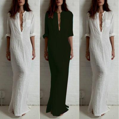 Women Fashion Cotton Linen Split Long Sleeve Party Cocktail Long Maxi Dress