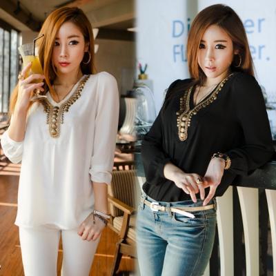 Korean Women's Girl Long Sleeve Shirt V Collar Bronze Flat Studs Tops Black/White DL
