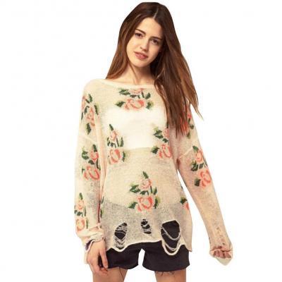 New Fashion women's Cotton Floral Distressed Frayed Jumper Hole Knitwear Sweater