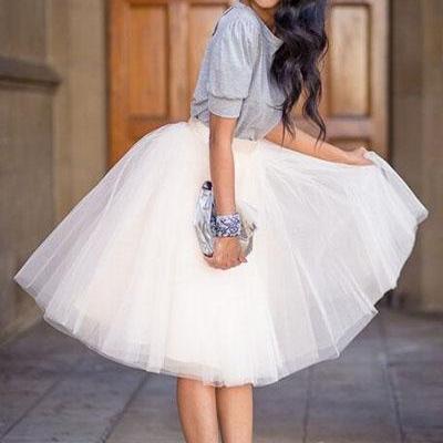 Fashion Solid White Gauze A Line Knee Length Bubble Skirt 