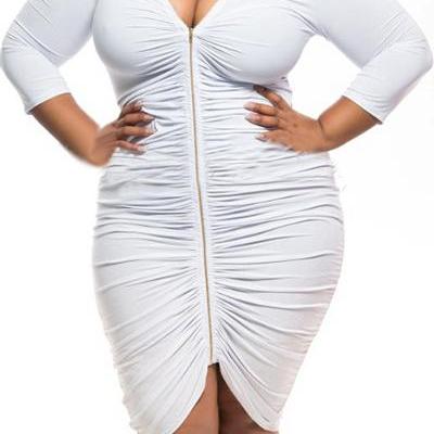 Sexy V Neck Three Quarter Sleeves Zipper Design Asymmetrical White Polyester Sheath Mini Dress