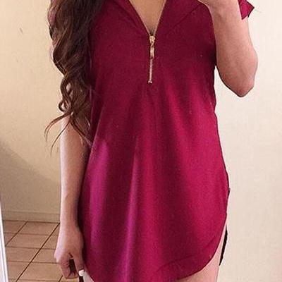 Casual V Neck Short Sleeves Patchwork Asymmetrical Rose Red Polyester Mini Dress