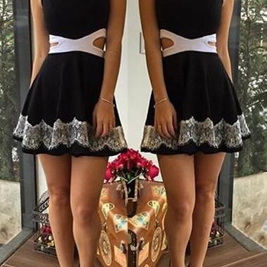 Black Sleeveless Round Neck Lace Panel Dress ROS