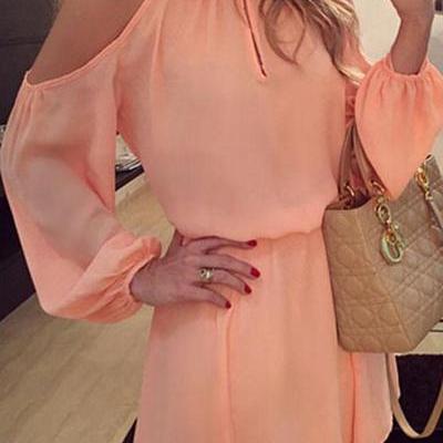 Stylish O Neck Off The Shoulder Long Sleeves Pink Polyester Mini Dress