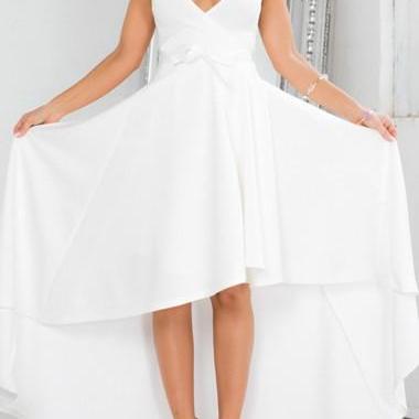 White Belt Design V Neck Asymmetric Maxi Dress ROS