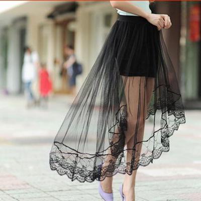Sheer High-Low Maxi Pleated Skirt with Lace Hem 