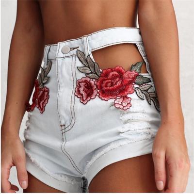 Rose Embroidered Light-Washed High Rise Distressed Denim Shorts Featuring Cutout Pockets 