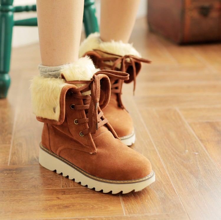 Winter Round Toe Lace Up Flat Low Heel Brown Pu Short Snow Boots on Luulla