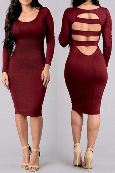 Sexy U Neck Long Sleeve Back Hollow-out Red Spandex Sheath Knee Length ...