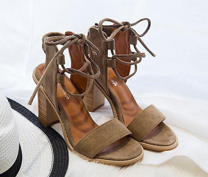 Brown Suede Lace-Up Sandals Featuring Block Heel 
