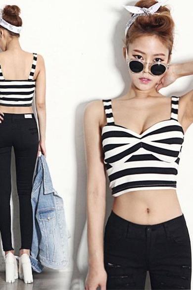 Sexy Womens Striped Print Sleeveless Padded Bustier Clubwear Beach Crop Top Tank Dl