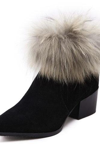 Winter Fashion Pointed Toe Fur Embellished Chunky High Heel Black Pu Ankle Martens Boots