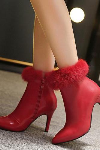Red Faux Leather Pointed Toe High Heel Ankle Boots Featuring Fur