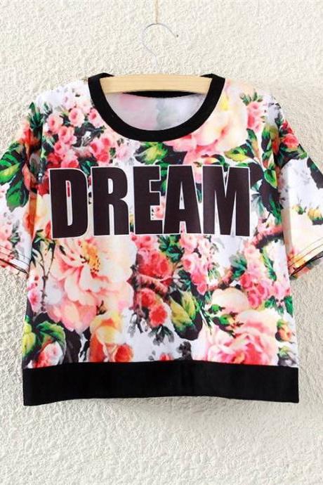 Fashion Women Summer T Shirt Crop Tops Short Sleeve Dream Print Cropped Tee
