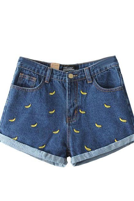 Banana Embroidered Cuffed Denim Shorts