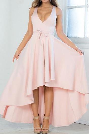 V Neck Belt Design Pink Asymmetric Maxi Dress Ros