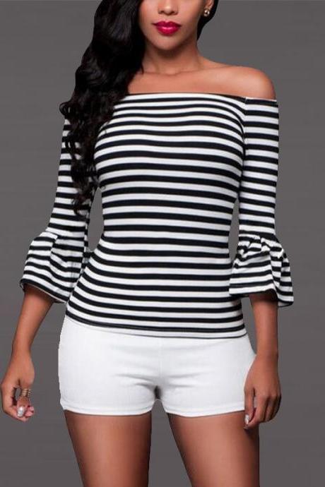 Black White Stripes Off-the-shoulder Long Flared Sleeves Top