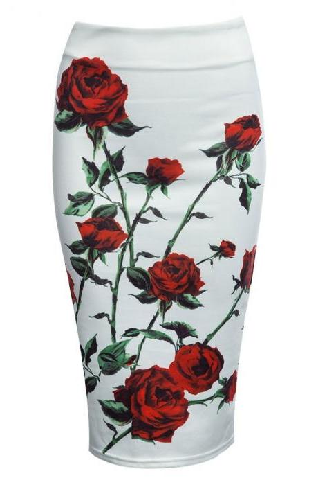 Rose Floral Print Pencil Skirt