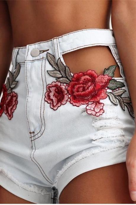 Rose Embroidered Light-washed High Rise Distressed Denim Shorts Featuring Cutout Pockets