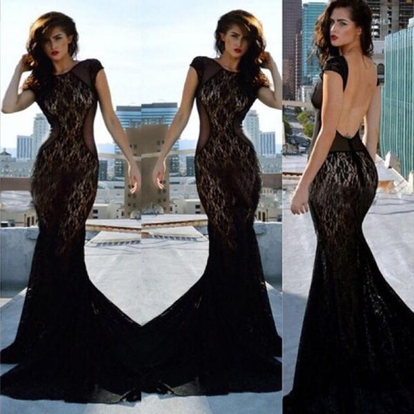 Womens Lace Dress Formal Evening Wedding Long Prom Gown Bodycon Dresses ...