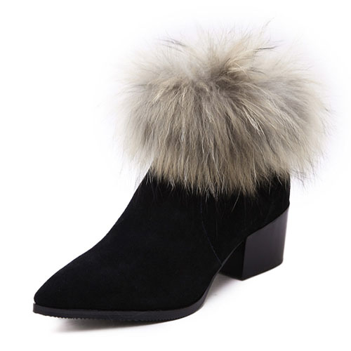 Winter Fashion Pointed Toe Fur Embellished Chunky High Heel Black PU ...